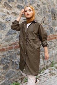 Modalamelif Yarım Balıkçı Yaka Kapşonlu Trenç Haki