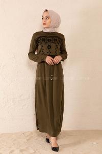 Modalamelif Bel Bağlamalı Kilim Desen Triko Elbise Haki