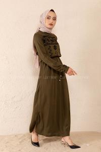 Modalamelif Bel Bağlamalı Kilim Desen Triko Elbise Haki