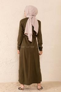 Modalamelif Bel Bağlamalı Kilim Desen Triko Elbise Haki