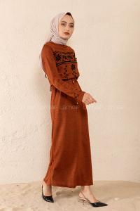 Modalamelif Bel Bağlamalı Kilim Desen Triko Elbise Kiremit