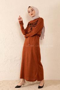 Modalamelif Bel Bağlamalı Kilim Desen Triko Elbise Kiremit