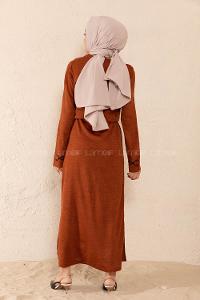 Modalamelif Bel Bağlamalı Kilim Desen Triko Elbise Kiremit