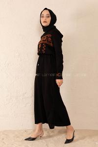 Modalamelif Bel Bağlamalı Kilim Desen Triko Elbise Siyah