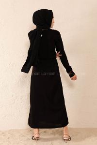 Modalamelif Bel Bağlamalı Kilim Desen Triko Elbise Siyah