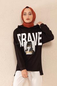 Modalamelif Brave Yazı Baskılı Sweatshirt Siyah