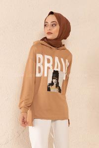 Modalamelif Brave Yazı Baskılı Sweatshirt Sütlü Kahve