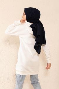 Modalamelif Düz Renk Kol İncili Sweatshirt Beyaz