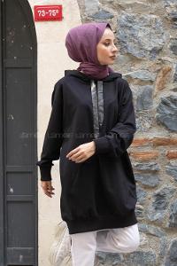 Modalamelif Kapşonlu Kanguru Cep Salaş Sweatshirt Siyah