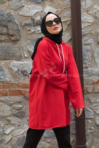 Modalamelif Kolu Baskılı Sweatshirt Kırmızı