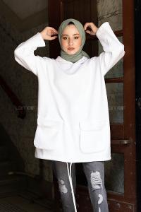 Modalamelif Körük Cepli Sweatshirt Beyaz