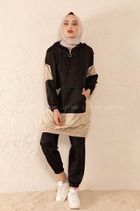 Modalamelif Yarım Fermuarlı Garnili Spor Takım Siyah