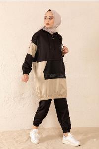 Modalamelif Yarım Fermuarlı Garnili Spor Takım Siyah