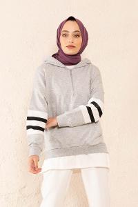 Modalamelif Yarım Fermuarlı Kol Garnili Tunik Gri