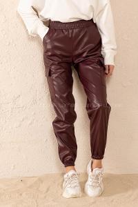 Modalamelif Bel Lastikli Deri Kargo Pantolon Bordo