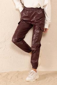 Modalamelif Bel Lastikli Deri Kargo Pantolon Bordo