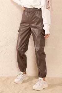 Modalamelif Bel Lastikli Deri Kargo Pantolon Kahve