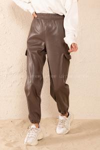 Modalamelif Bel Lastikli Deri Kargo Pantolon Kahve