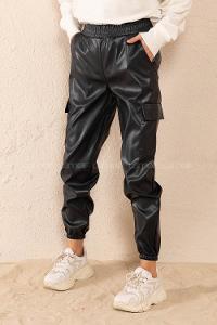 Modalamelif Bel Lastikli Deri Kargo Pantolon Lacivert