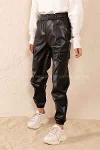 Modalamelif Bel Lastikli Deri Kargo Pantolon Siyah