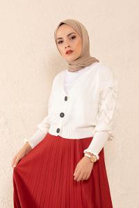 Modalamelif Ön Düğmeli Balon Kol Triko Hırka Beyaz