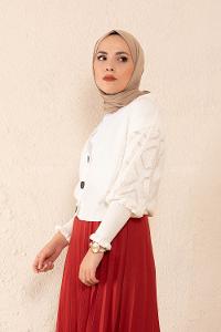 Modalamelif Ön Düğmeli Balon Kol Triko Hırka Beyaz