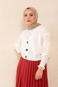 Modalamelif Ön Düğmeli Balon Kol Triko Hırka Beyaz