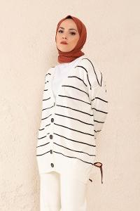 Modalamelif Ön Düğmeli Çizgili Triko Hırka Beyaz