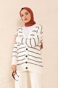 Modalamelif Ön Düğmeli Çizgili Triko Hırka Beyaz
