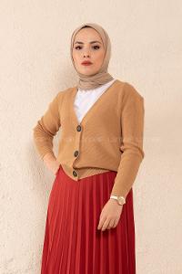 Modalamelif Önü Düğmeli Kısa Hırka Camel