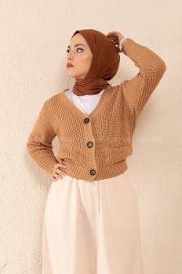 Modalamelif Ön Düğmeli Çift Cep Triko Hırka Camel