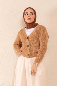 Modalamelif Ön Düğmeli Çift Cep Triko Hırka Camel