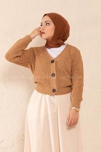 Modalamelif Ön Düğmeli Çift Cep Triko Hırka Camel