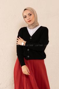 Modalamelif Ön Düğmeli Çift Cep Triko Hırka Siyah