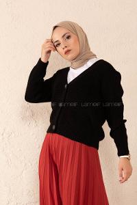 Modalamelif Ön Düğmeli Çift Cep Triko Hırka Siyah