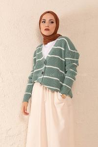 Modalamelif Önü Düğmeli Çizgi Geçişli Hırka Çağla