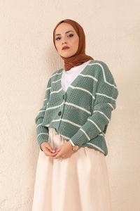 Modalamelif Önü Düğmeli Çizgi Geçişli Hırka Çağla