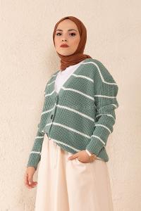 Modalamelif Önü Düğmeli Çizgi Geçişli Hırka Çağla