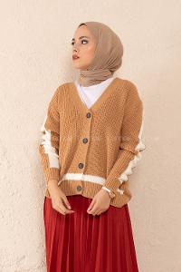 Modalamelif Önü Düğmeli Garnili Hırka Camel