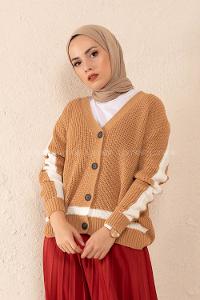 Modalamelif Önü Düğmeli Garnili Hırka Camel