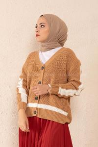 Modalamelif Önü Düğmeli Garnili Hırka Camel