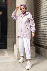 Modalamelif Eteği Lastikli Kapşonlu Yağmurluk Lila