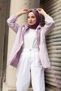 Modalamelif Eteği Lastikli Kapşonlu Yağmurluk Lila