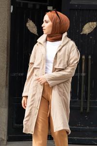 Modalamelif Ön Gizli Fermuarlı Kapşonlu Trenç Taş