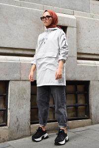 Modalamelif Garnili Yan Fermuarlı Trenç Gri