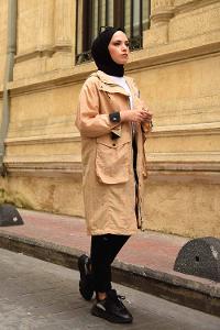 Modalamelif Kapşonlu Körük Cepli Yağmurluk Camel