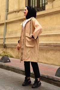 Modalamelif Kapşonlu Körük Cepli Yağmurluk Camel