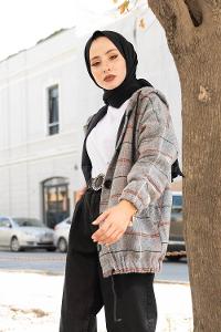 Modalamelif Kol Lastikli Ekose Desen Ceket Gri