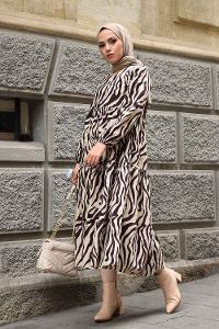 Modalamelif Kol Lastikli Zebra Desen Elbise Kahve