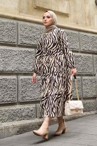 Modalamelif Kol Lastikli Zebra Desen Elbise Kahve